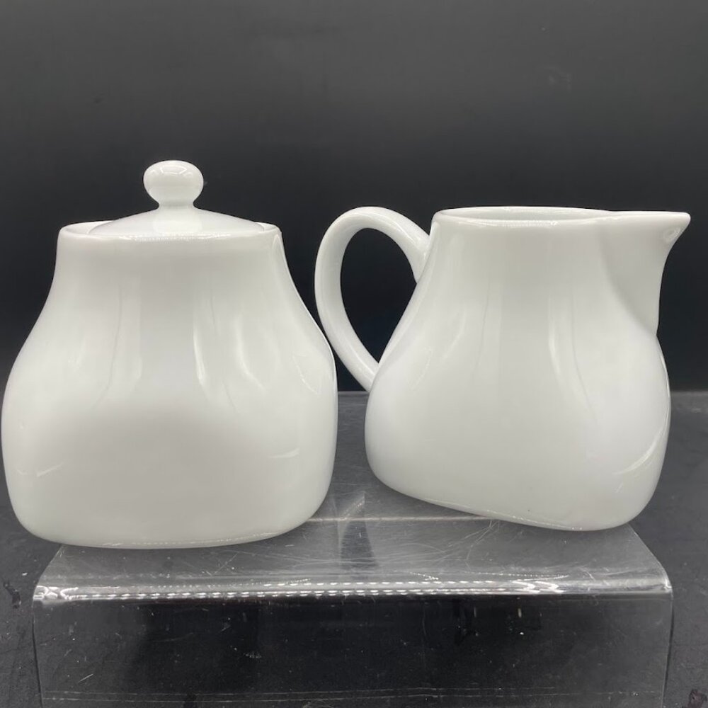 Pier 1 Luminous White Porcelain Square Carton Shaped Cream and Lidded Sugar Set